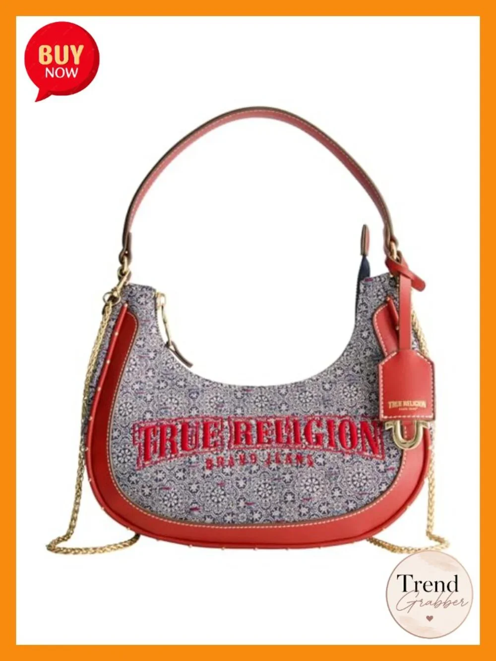 True Religion Hobo Bag - Striped Denim Crescent Handbag with Adjustable Chain